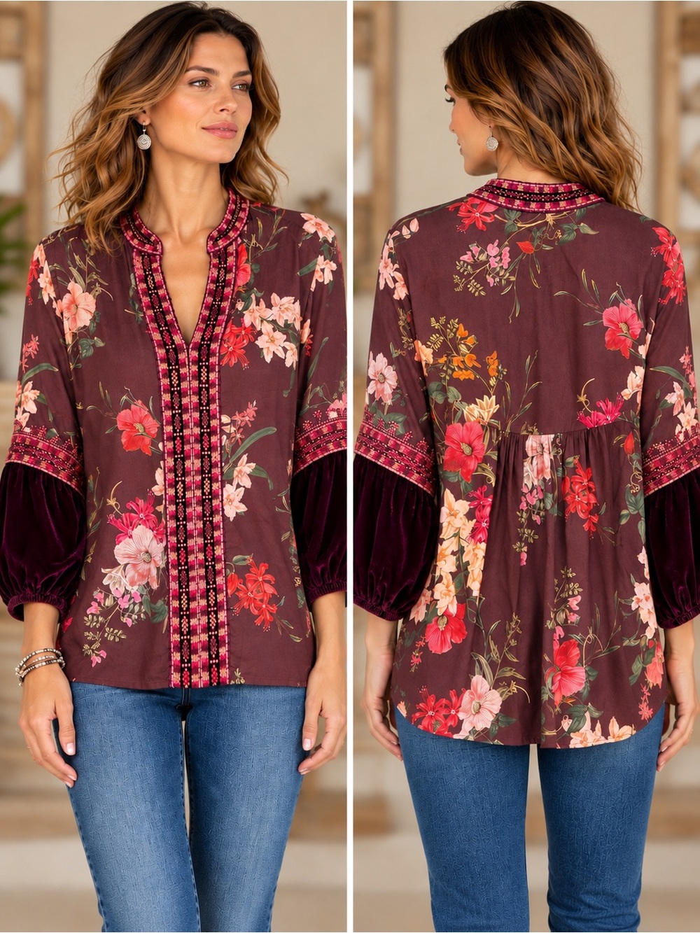 Johnny Was Workshop XS Floral Silk Velvet Sleeve Embroidered Boho Tunic Blouse